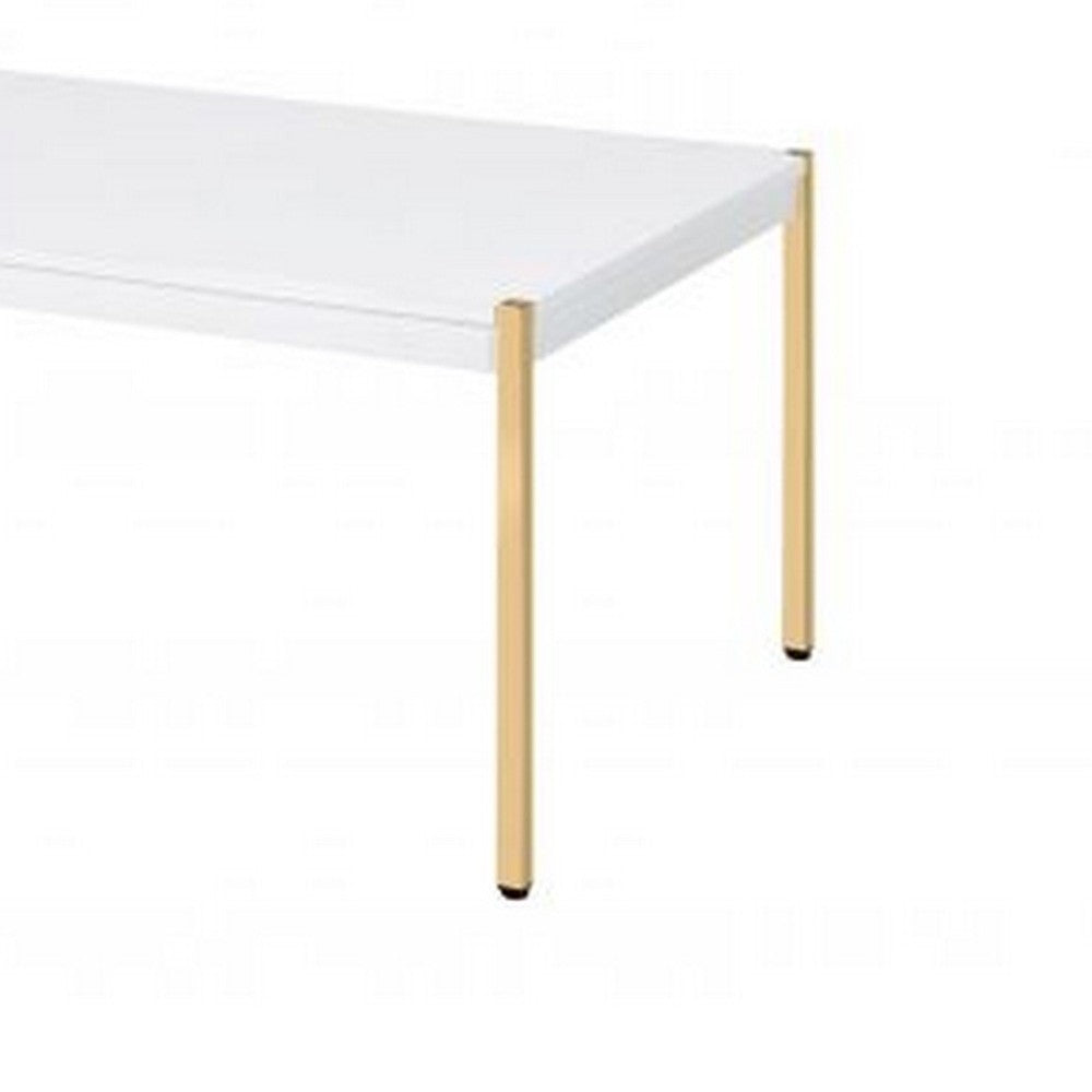 Benjara Coffee Table with Metal Tube Legs, White And Gold