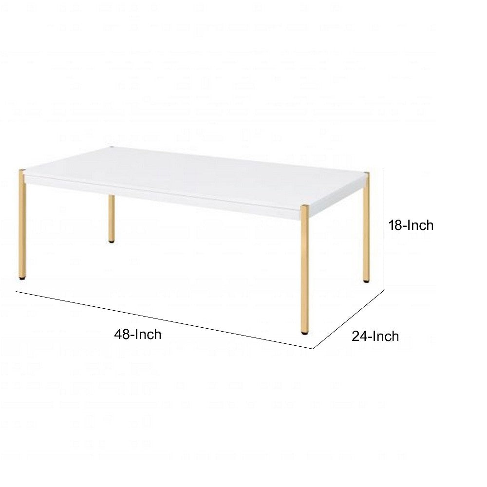 Benjara Coffee Table with Metal Tube Legs, White And Gold