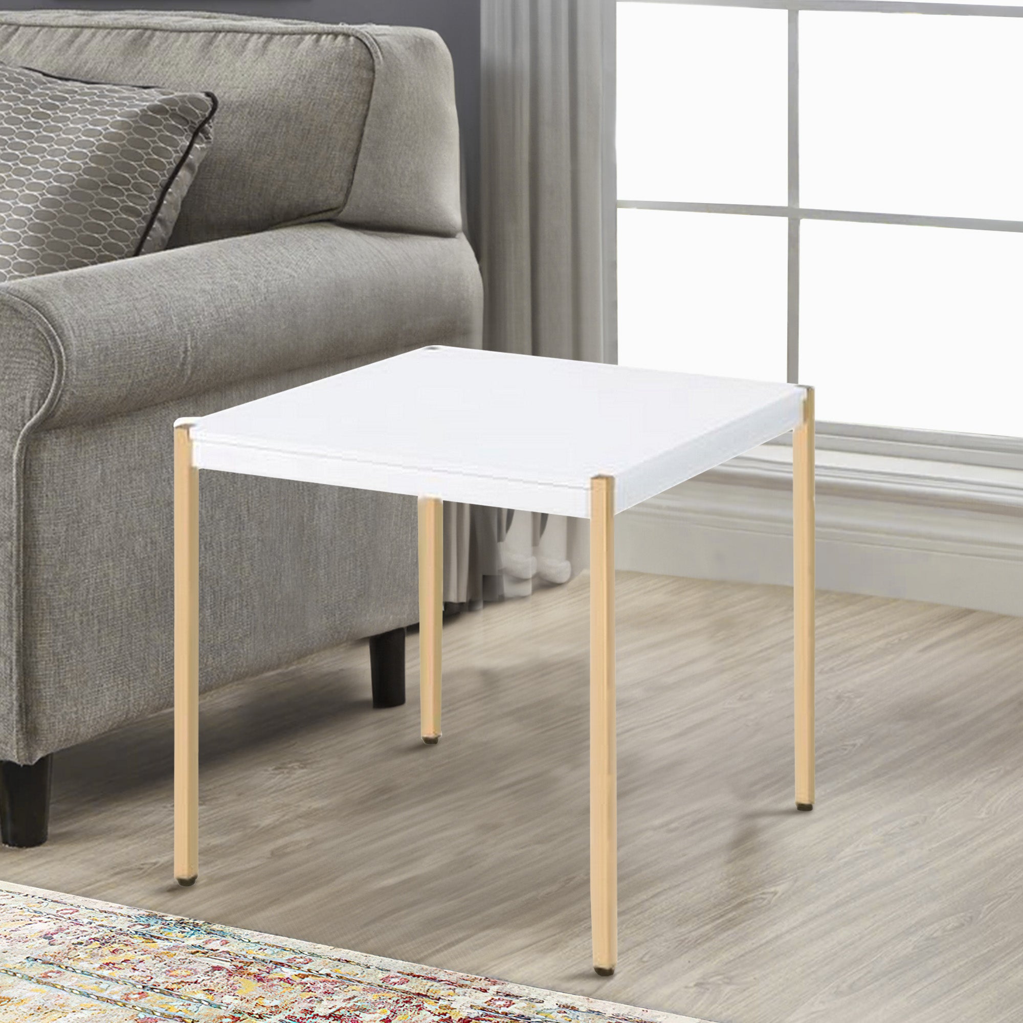 Benjara End Table with Metal Tube Legs, White And Gold