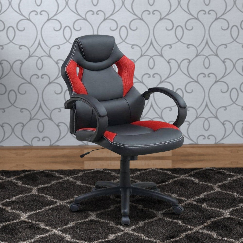 Benjara Office Chair with Curved Cut Out Padded Back, Black And Red