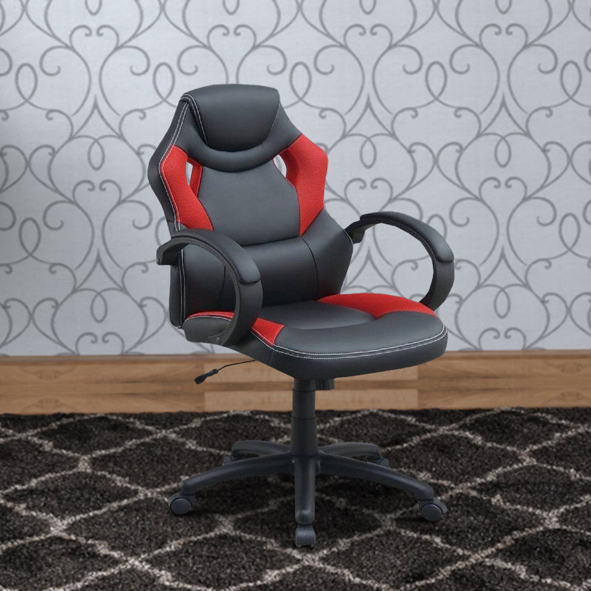 Benjara Office Chair with Curved Cut Out Padded Back, Black And Red