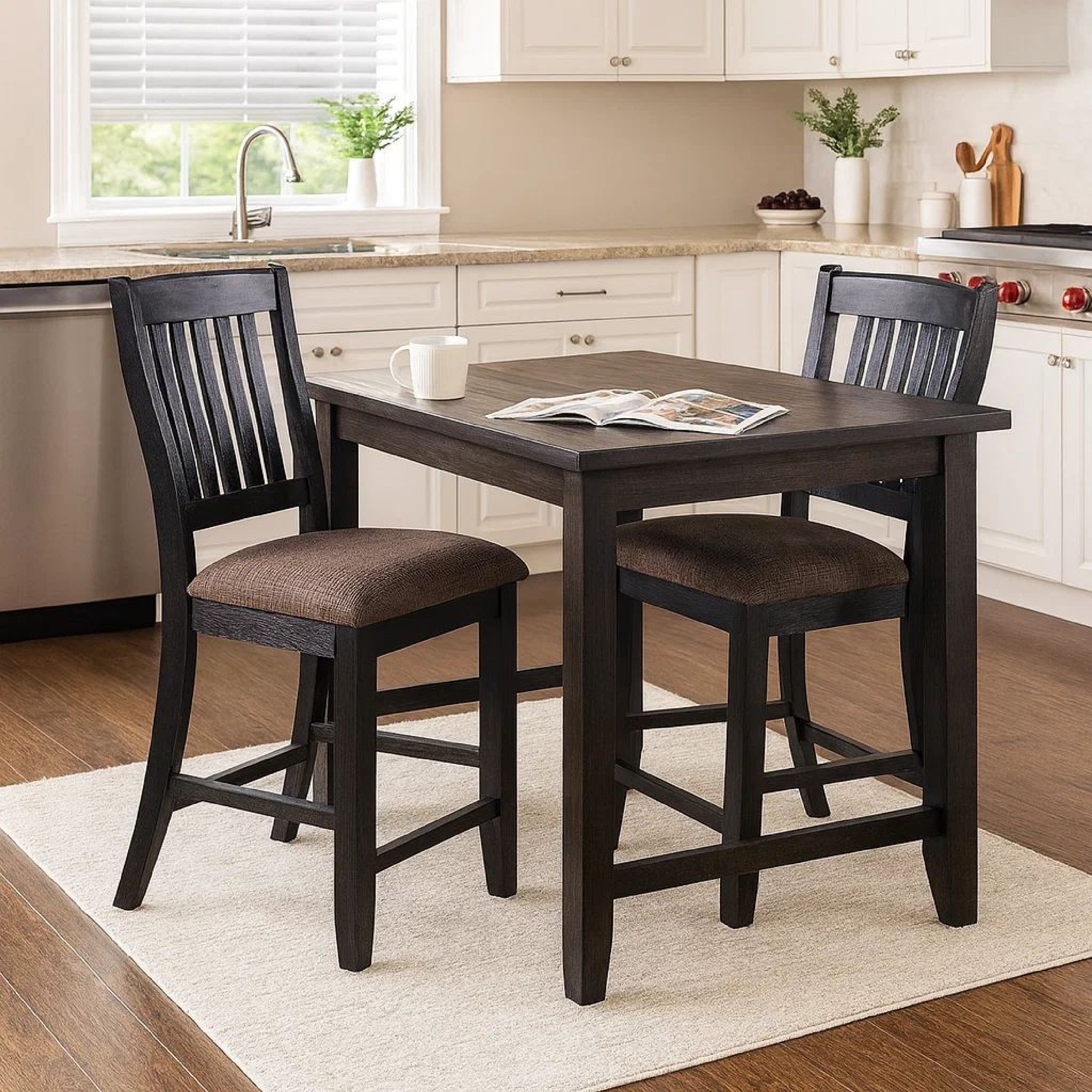 Benjara Chair with High Slatted Back Design, Set of 2, Dark Brown