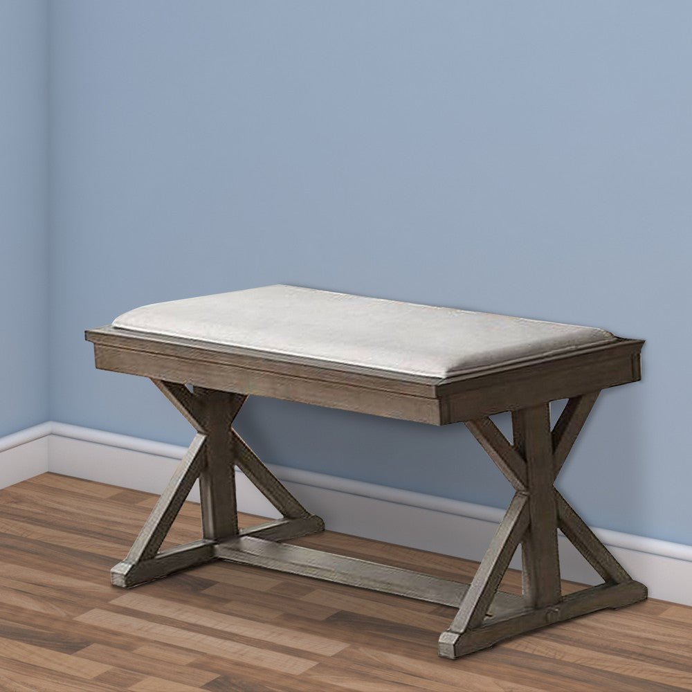 Benjara Dining Bench with Padded Seat And Double Pedestal Base, Beige
