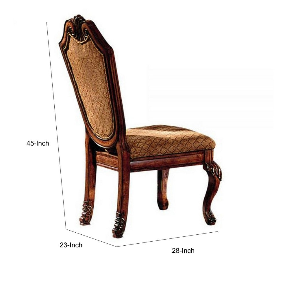 Benjara Side Chair with Fabric Seat And Crown Top, Set of 2, Brown