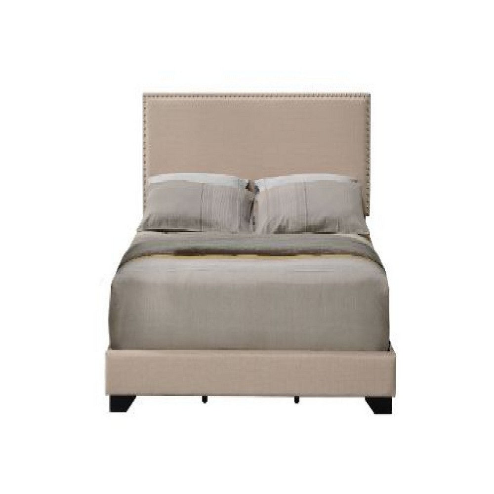 Benjara Queen Size Bed with Fabric Upholstery And Nailhead Accent, Beige
