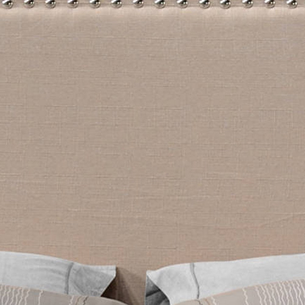 Benjara Queen Size Bed with Fabric Upholstery And Nailhead Accent, Beige