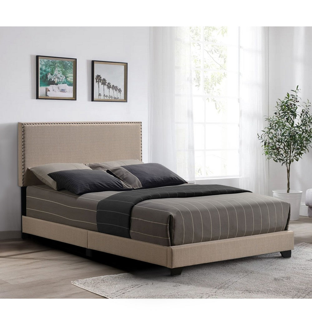Benjara Queen Size Bed with Fabric Upholstery And Nailhead Accent, Beige