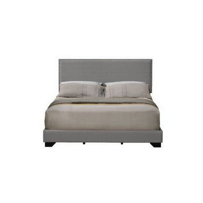Benjara Queen Size Bed with Fabric Upholstery And Nailhead Accent, Gray
