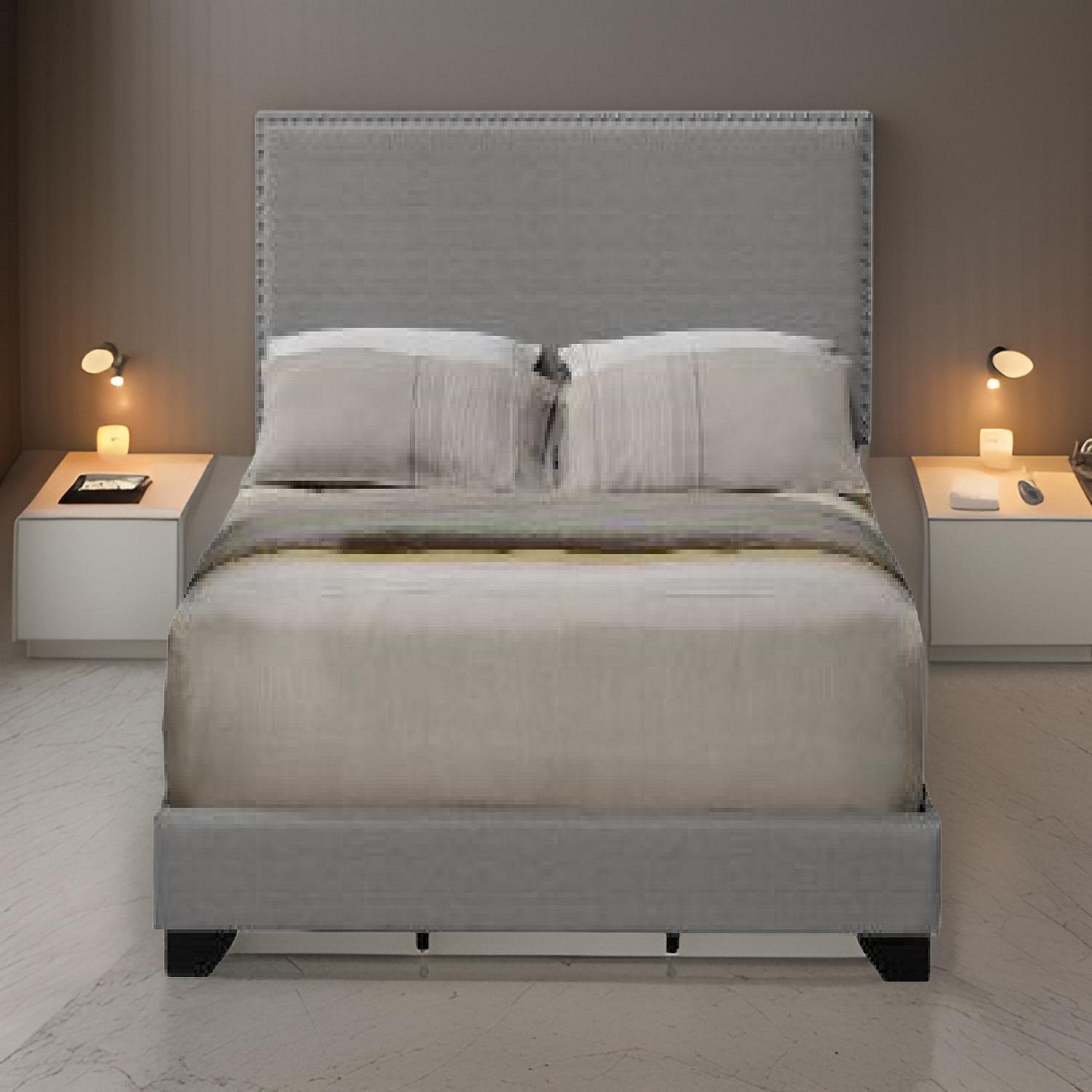 Benjara Queen Size Bed with Fabric Upholstery And Nailhead Accent, Gray