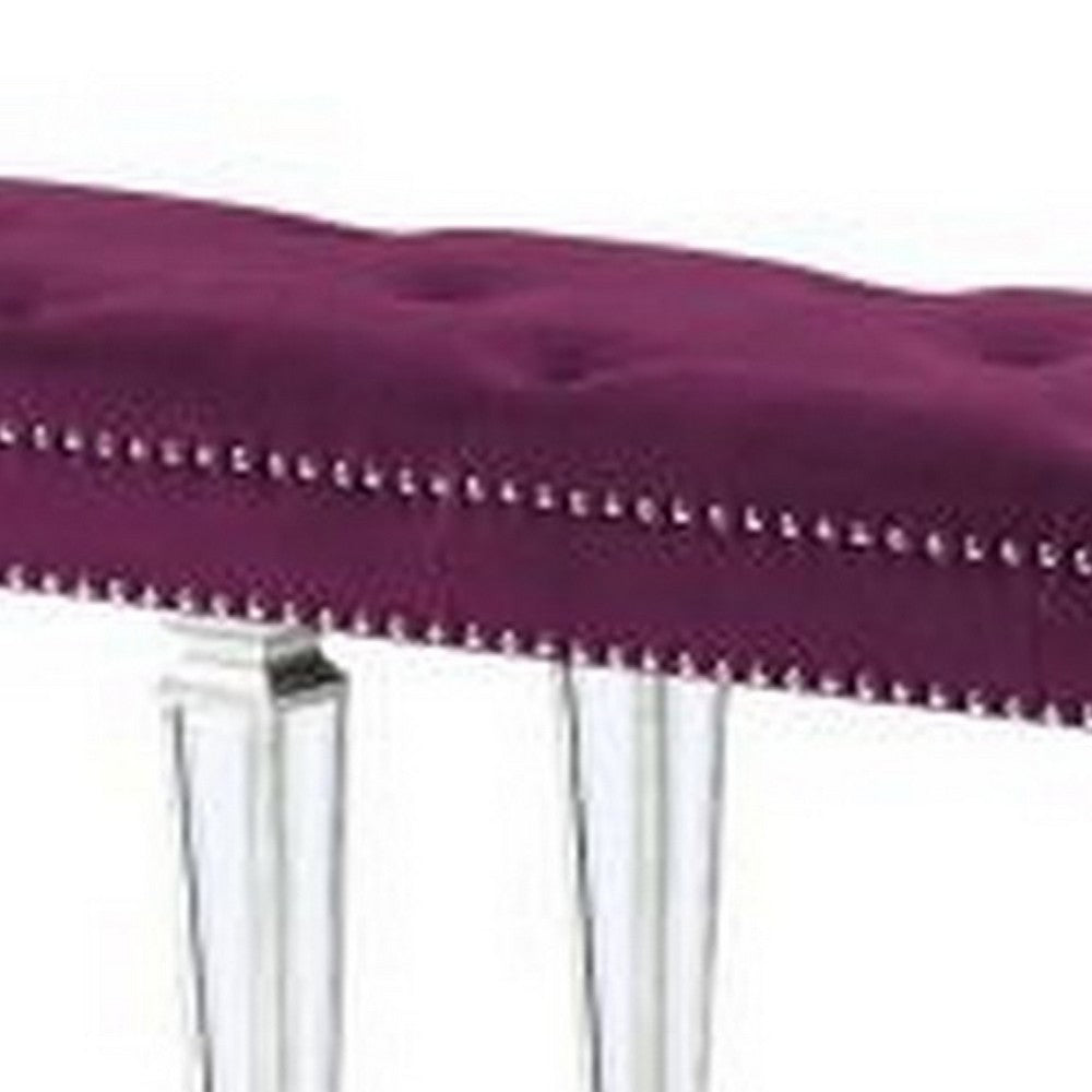 Benjara Accent Bench with Tufted Velvet Seat And Mirrored Legs, Purple