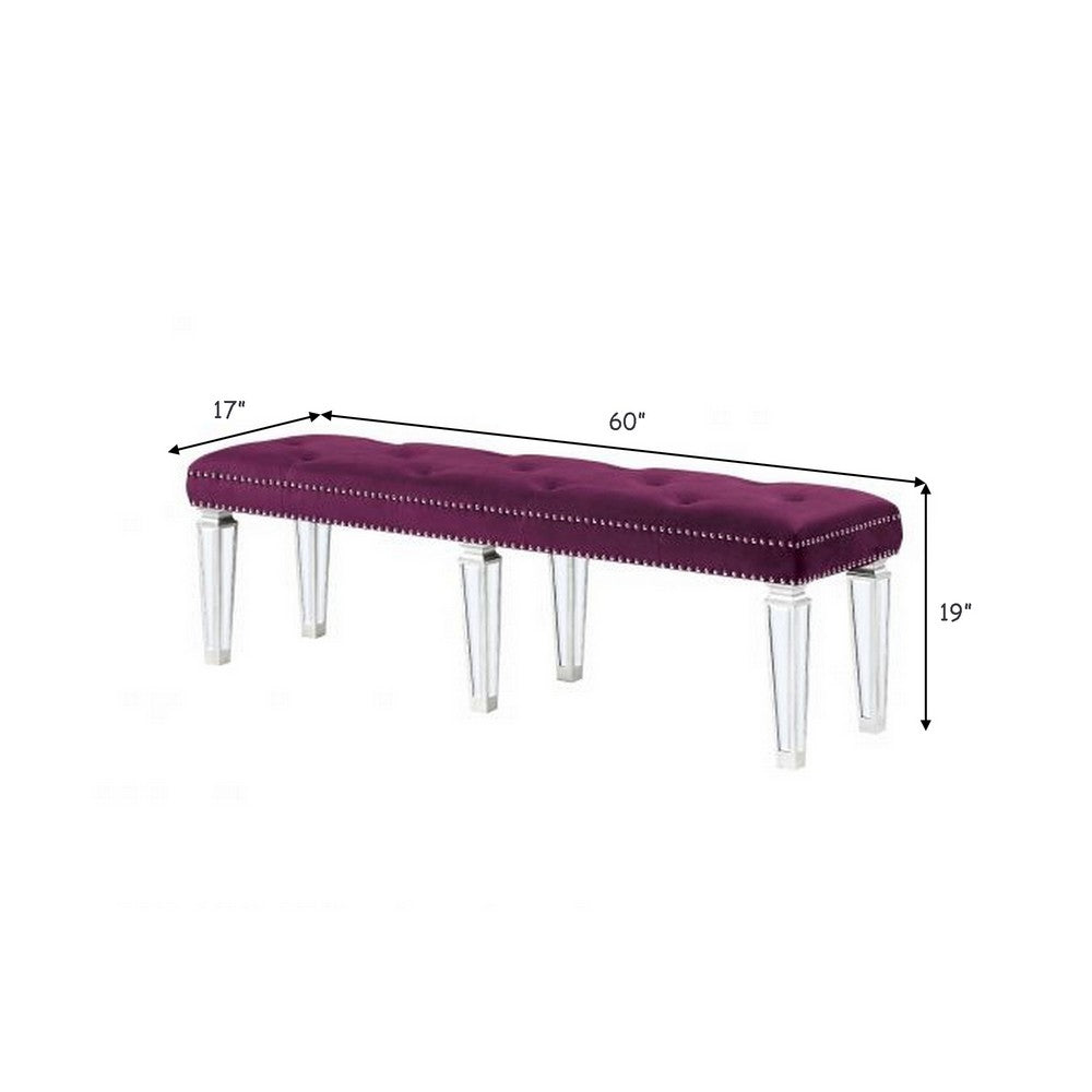 Benjara Accent Bench with Tufted Velvet Seat And Mirrored Legs, Purple