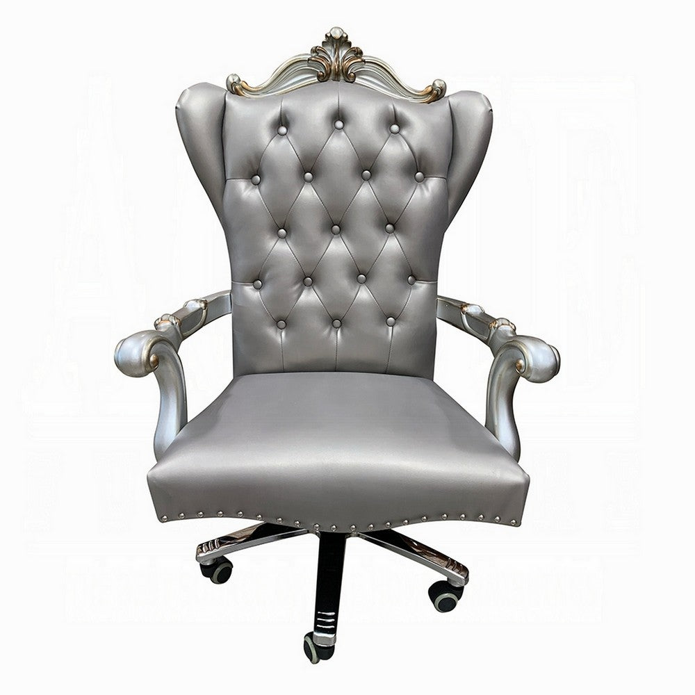 Benjara Office Chair with Leatherette Seat And Crowned Back, Silver