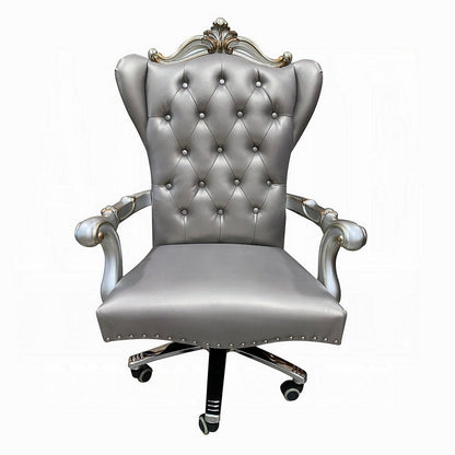 Benjara Office Chair with Leatherette Seat And Crowned Back, Silver