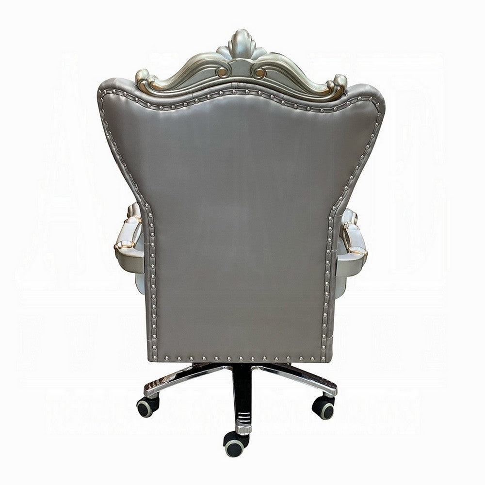 Benjara Office Chair with Leatherette Seat And Crowned Back, Silver