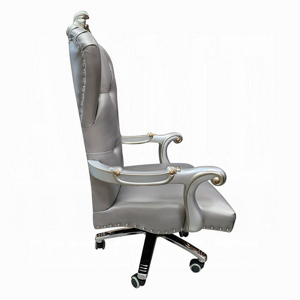 Benjara Office Chair with Leatherette Seat And Crowned Back, Silver