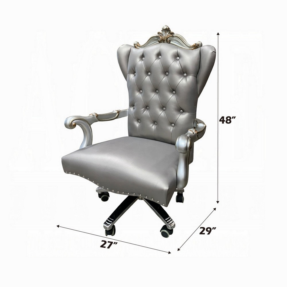 Benjara Office Chair with Leatherette Seat And Crowned Back, Silver