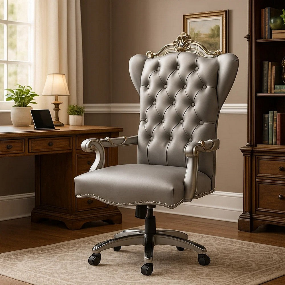 Benjara Office Chair with Leatherette Seat And Crowned Back, Silver