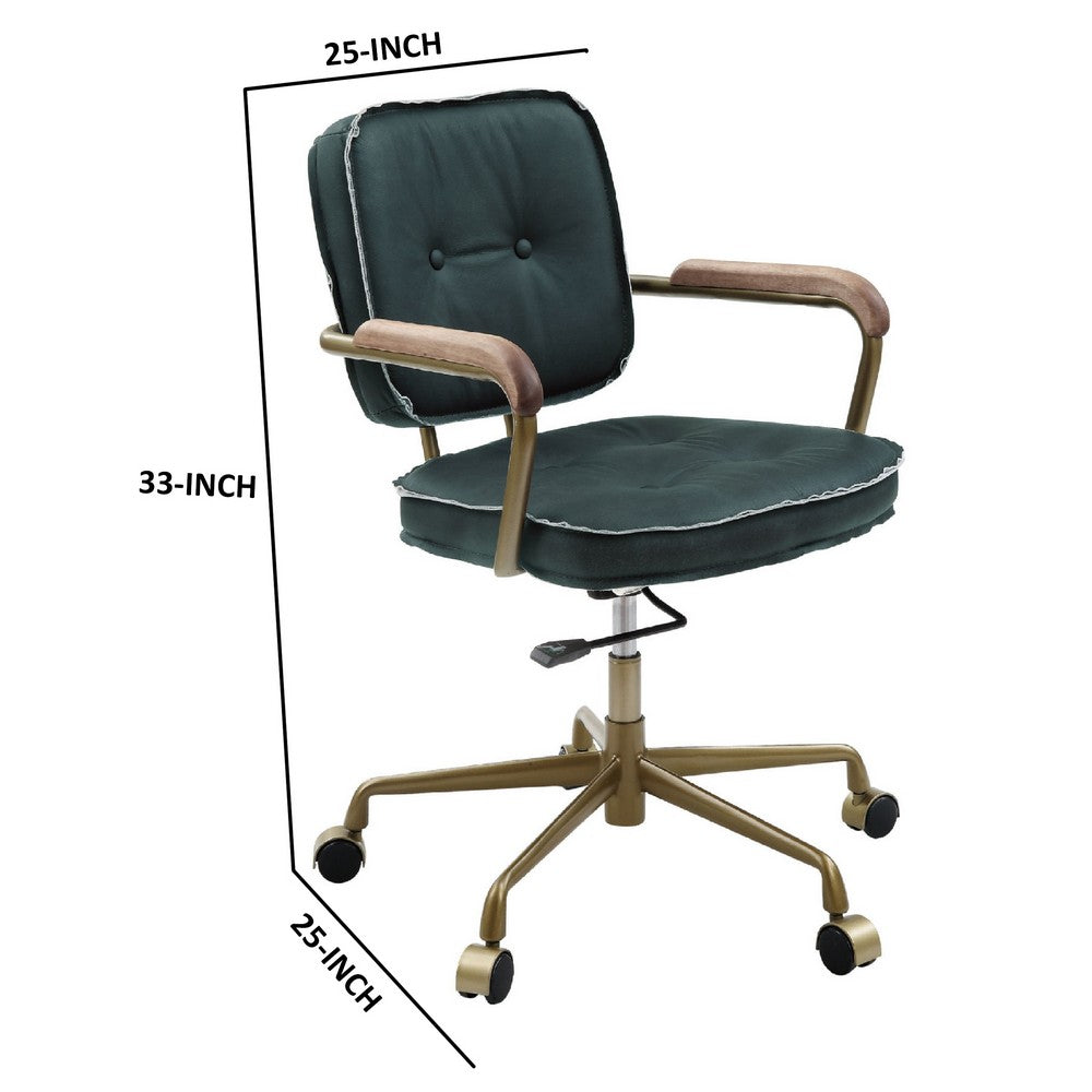 Benjara Office Chair with Leather Seat And Button Tufted Back, Green