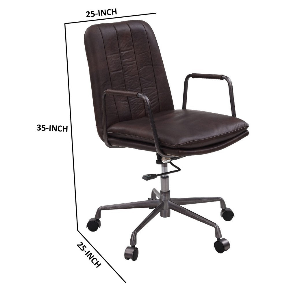 Benjara Office Chair with Leather Seat And Channel Stitching, Dark Brown