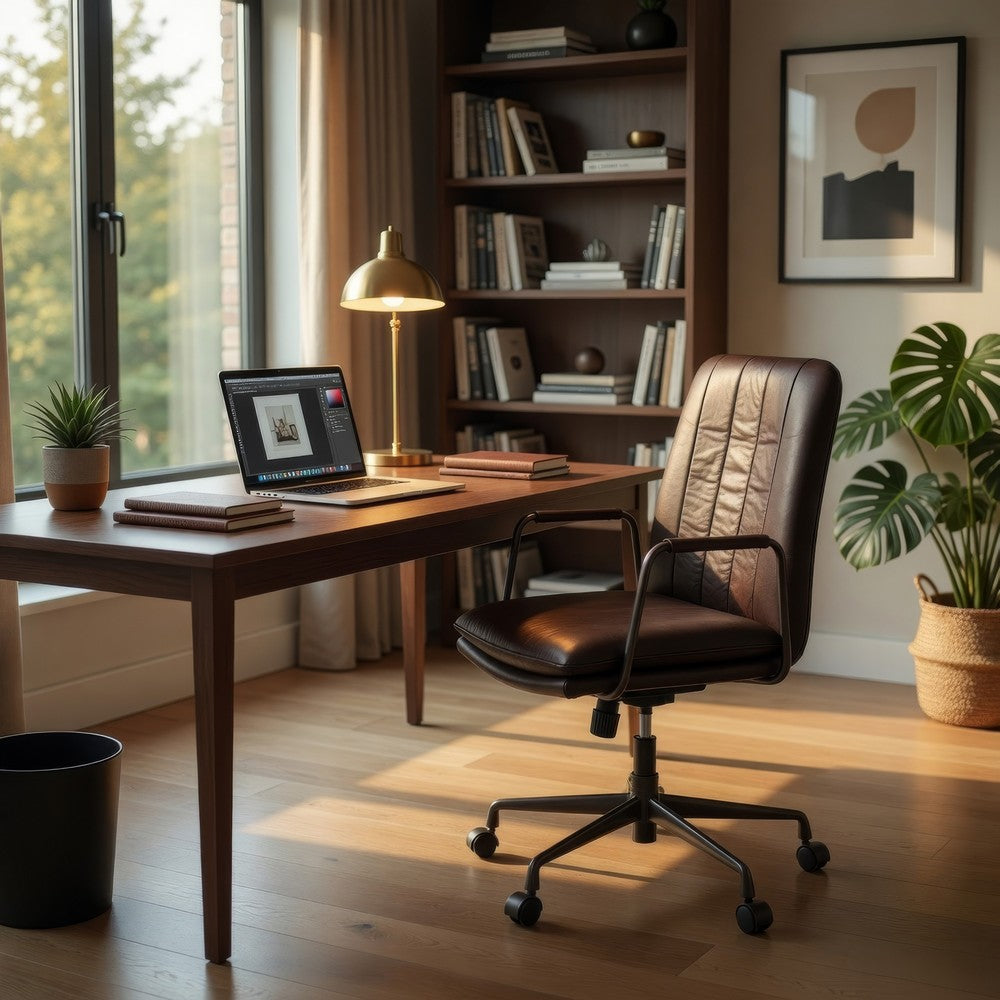 Benjara Office Chair with Leather Seat And Channel Stitching, Dark Brown