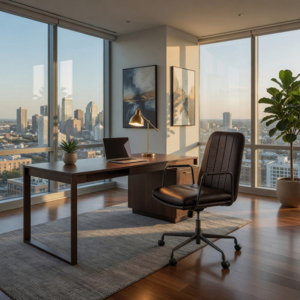 Benjara Office Chair with Leather Seat And Channel Stitching, Dark Brown