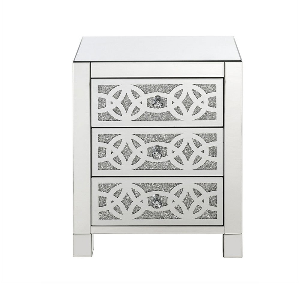 Benjara Accent Table with 3 Drawers And Faux Diamond Inlays, Silver