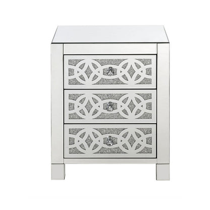 Benjara Accent Table with 3 Drawers And Faux Diamond Inlays, Silver