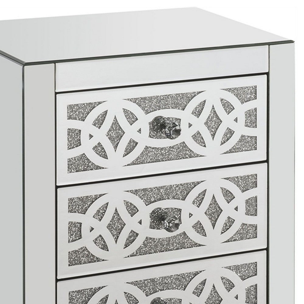 Benjara Accent Table with 3 Drawers And Faux Diamond Inlays, Silver