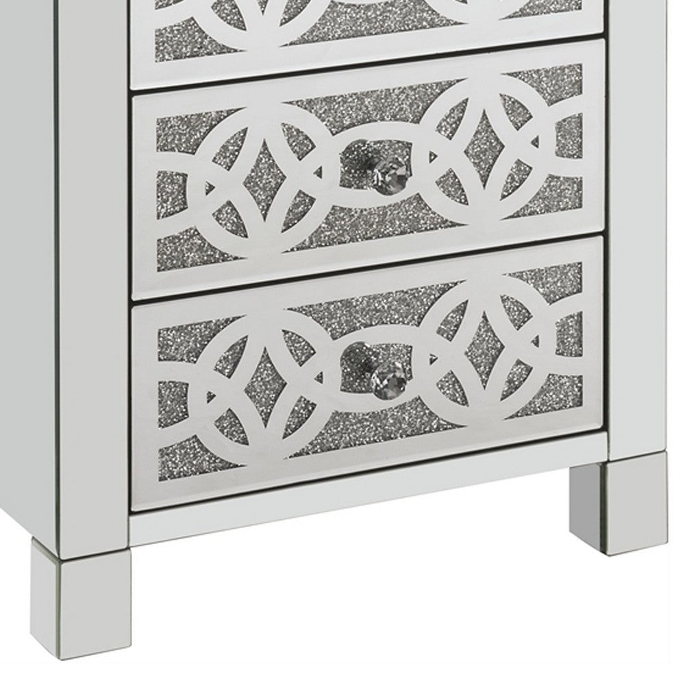 Benjara Accent Table with 3 Drawers And Faux Diamond Inlays, Silver
