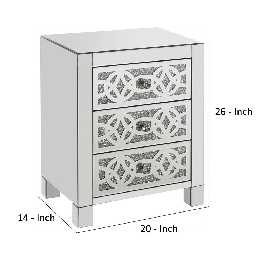 Benjara Accent Table with 3 Drawers And Faux Diamond Inlays, Silver