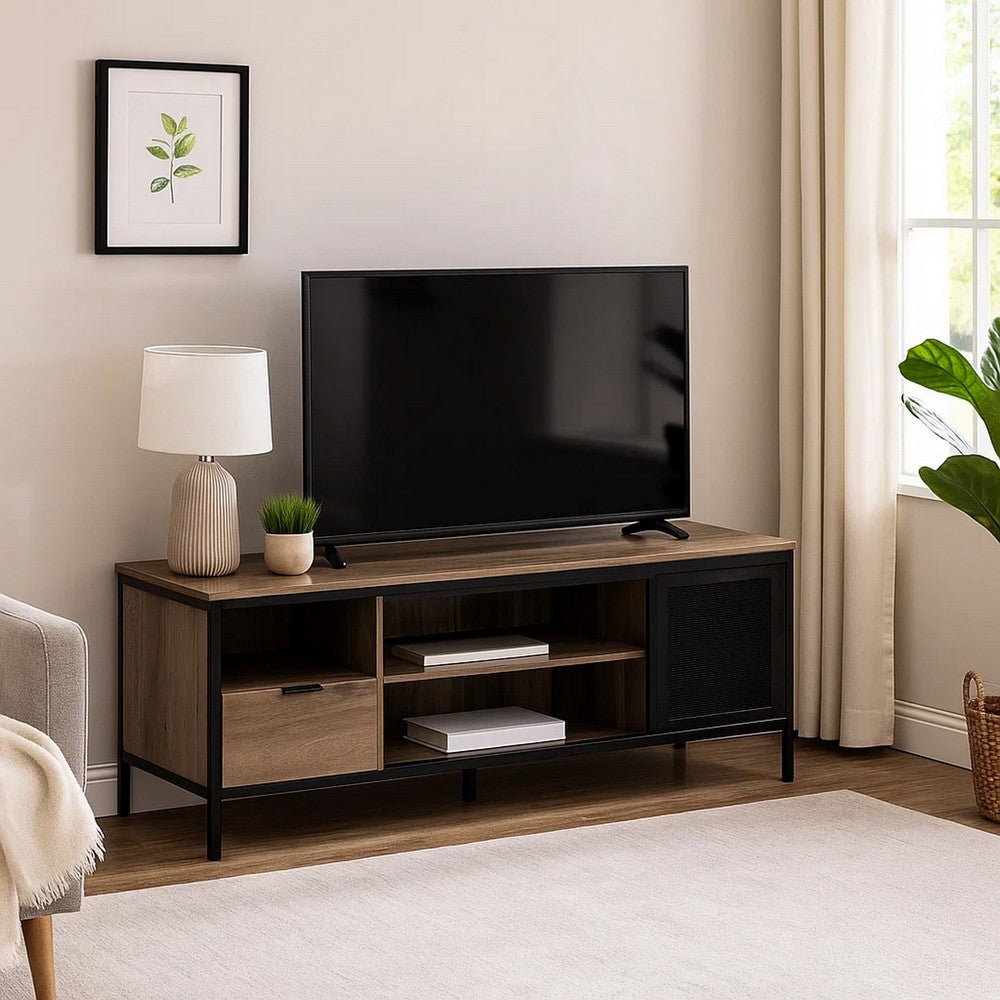 Benjara TV Stand with 1 Drawer And Open Compartments, Brown And Black