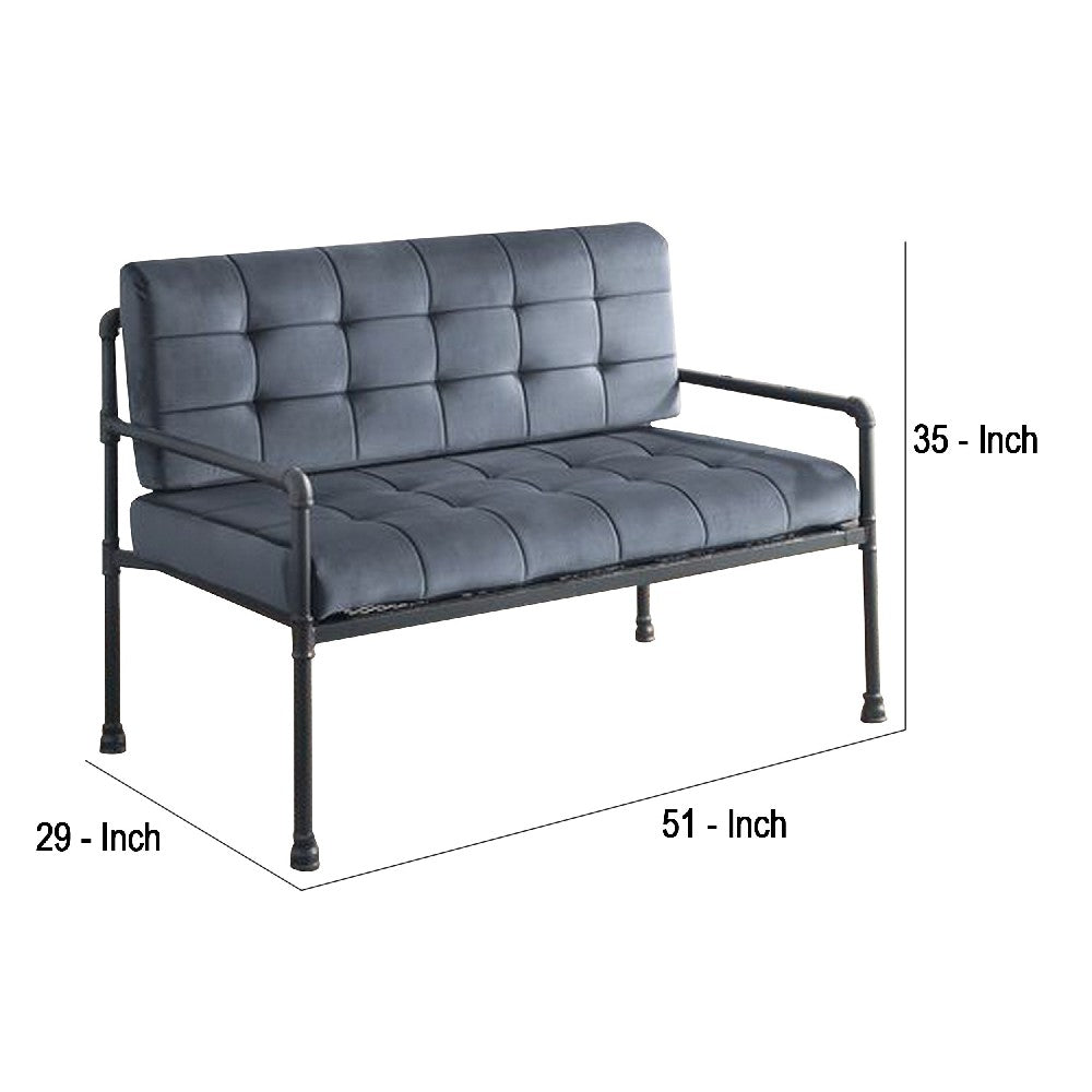 Benjara Loveseat with Tufted Velvet Seat And Metal Frame, Gray