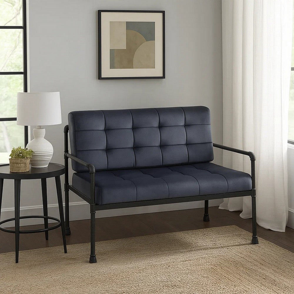 Benjara Loveseat with Tufted Velvet Seat And Metal Frame, Gray