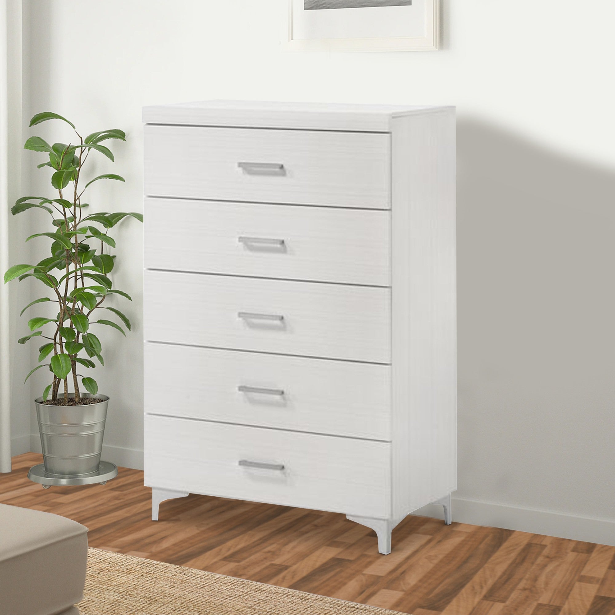 Benjara Chest with 5 Drawers And Wooden Frame, White
