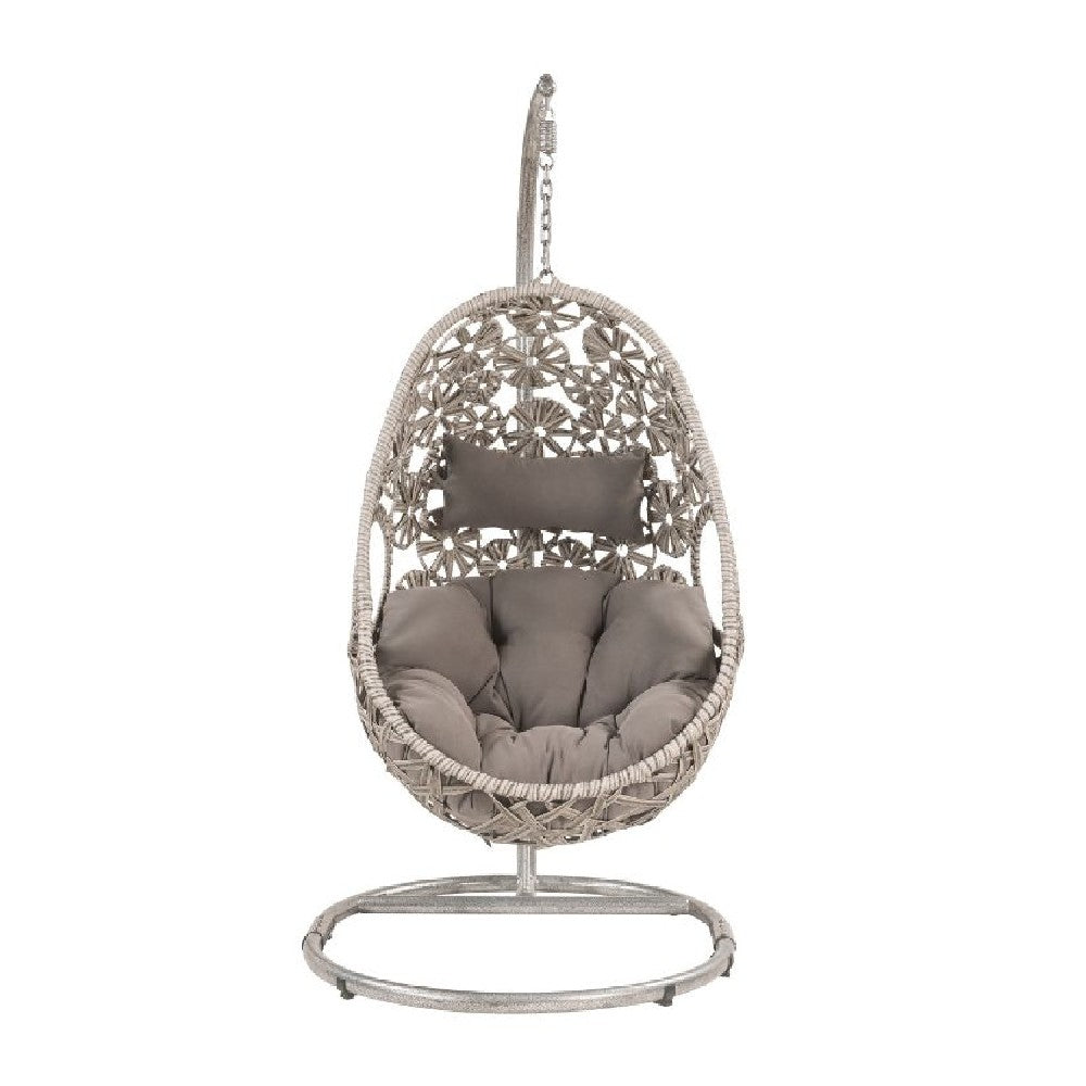 Benjara Patio Hanging Chair with Open Circular Motifs And Wicker Frame, Gray