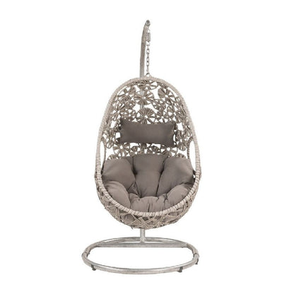 Benjara Patio Hanging Chair with Open Circular Motifs And Wicker Frame, Gray