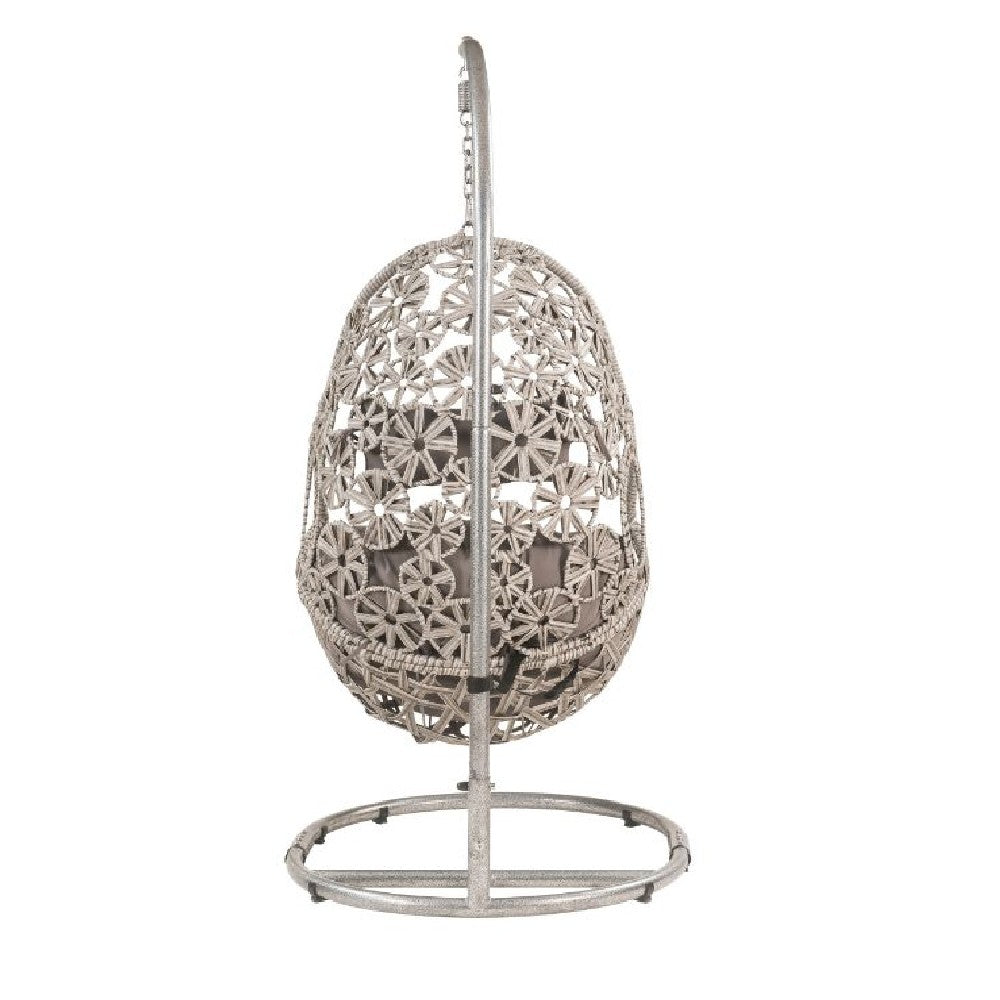 Benjara Patio Hanging Chair with Open Circular Motifs And Wicker Frame, Gray