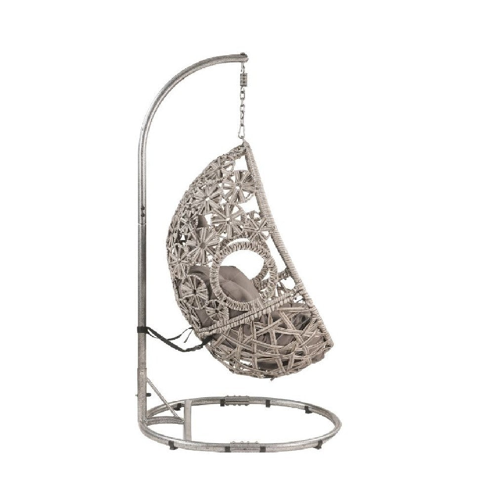 Benjara Patio Hanging Chair with Open Circular Motifs And Wicker Frame, Gray