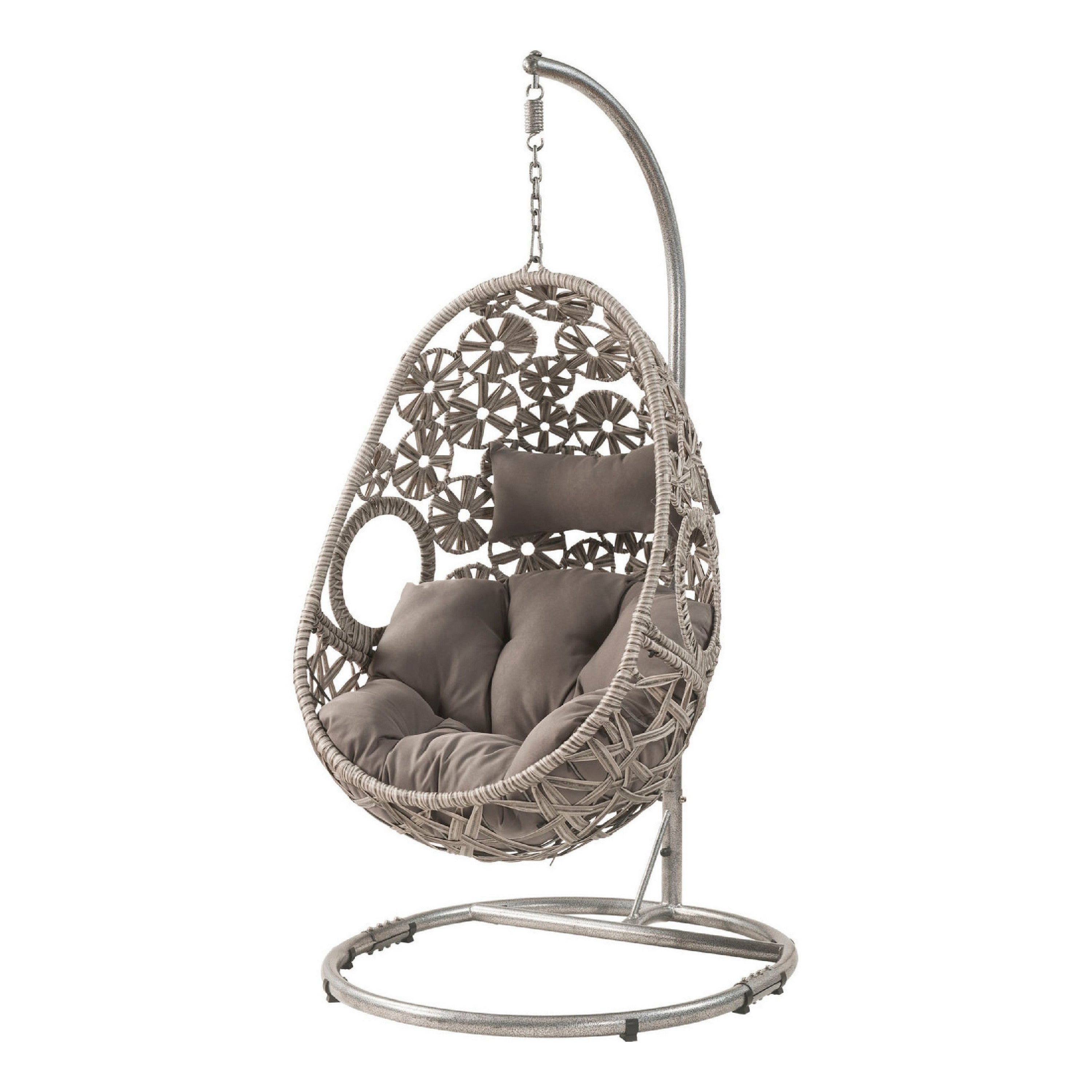 Benjara Patio Hanging Chair with Open Circular Motifs And Wicker Frame, Gray