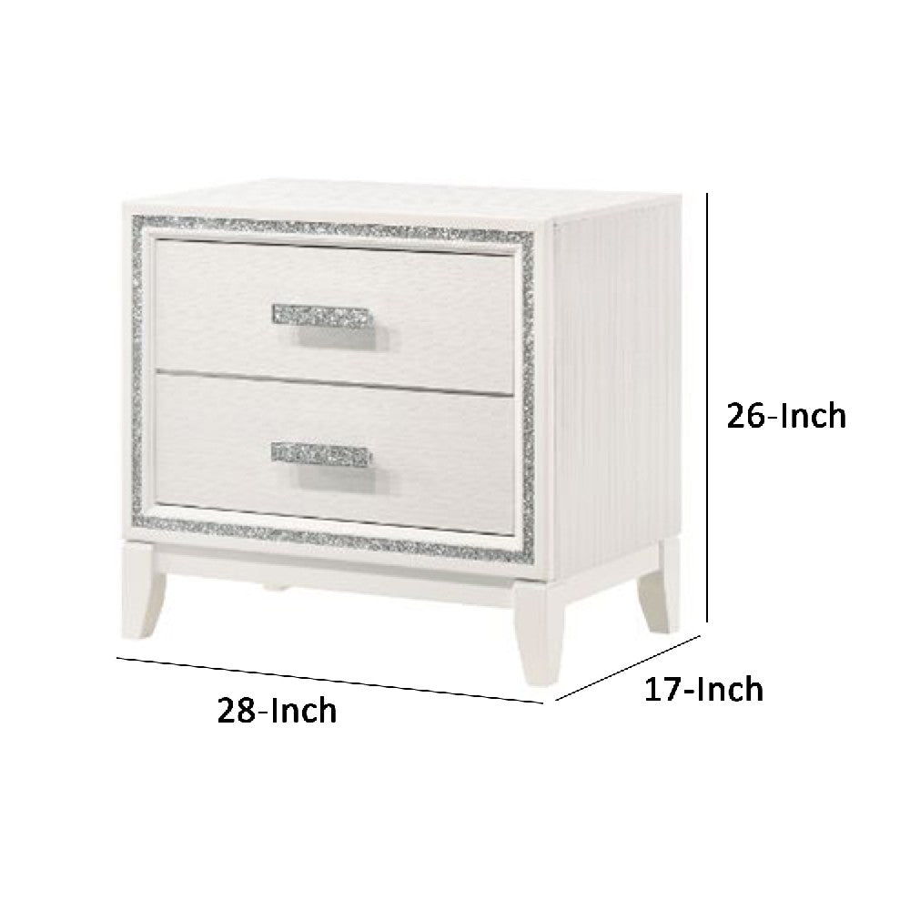 Benjara Nightstand with 2 Drawers And Shimmer Accent Trim, White