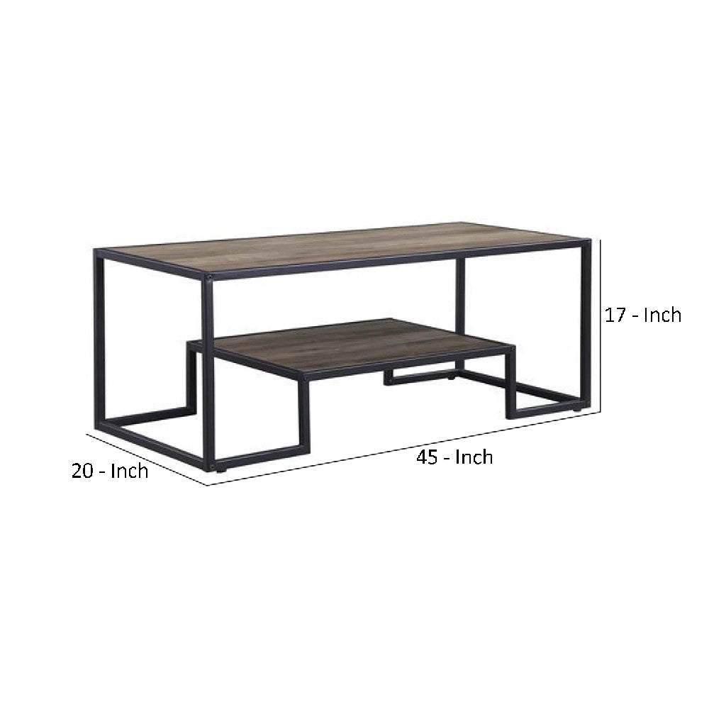 Benjara Coffee Table with 1 Open Shelf And Tubular Frame, Oak Brown