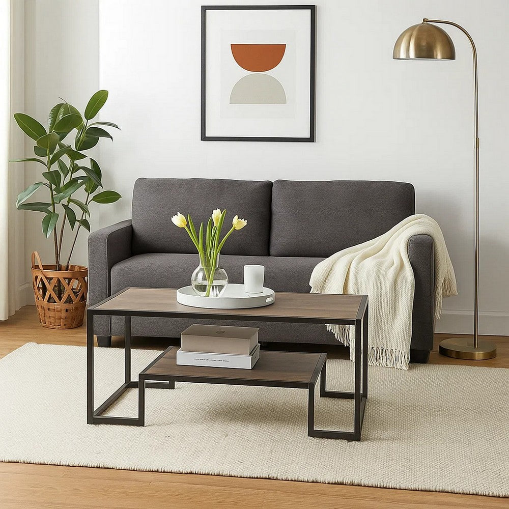 Benjara Coffee Table with 1 Open Shelf And Tubular Frame, Oak Brown