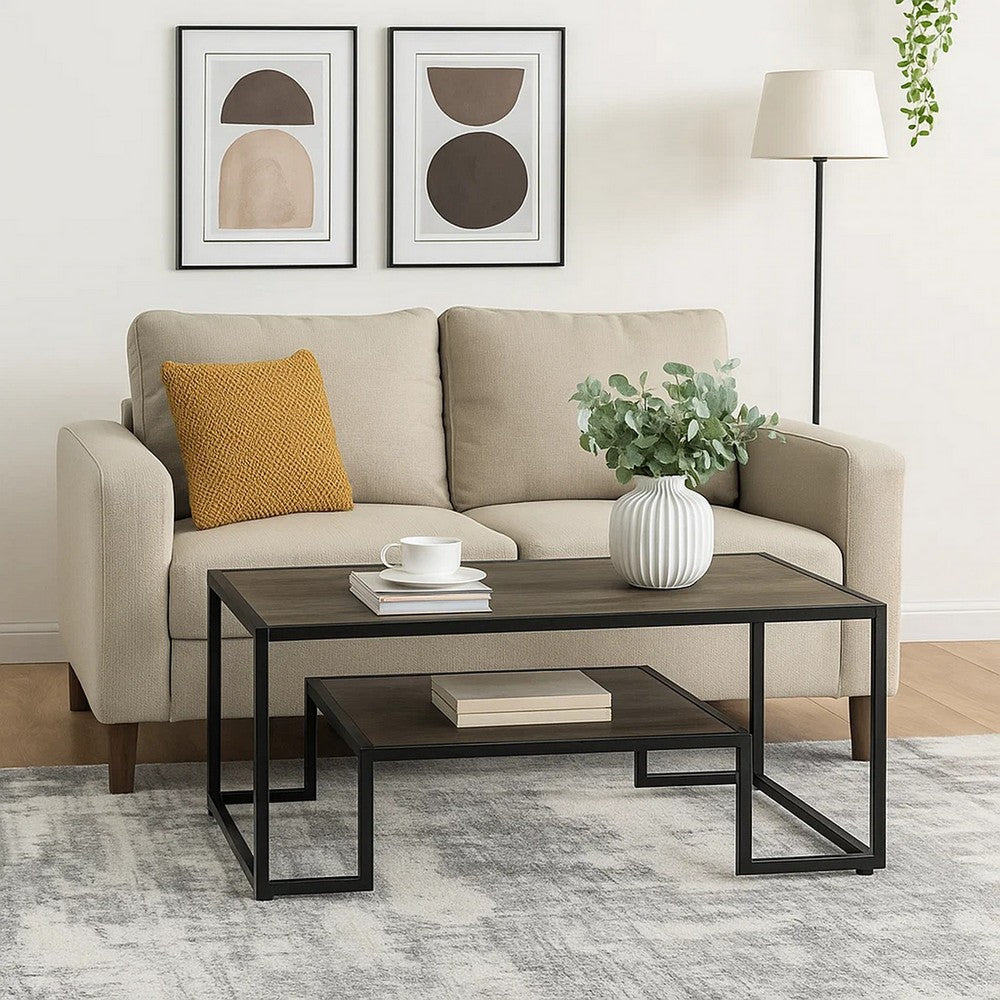Benjara Coffee Table with 1 Open Shelf And Tubular Frame, Oak Brown