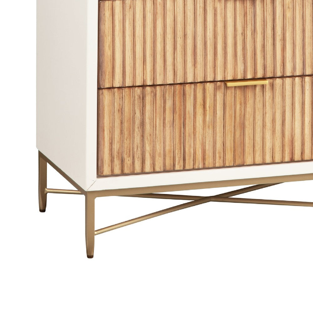 Benjara Chest with 5 Corrugated Panel Drawers And Metal Base, White