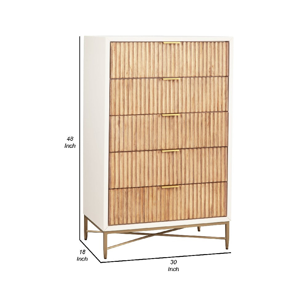 Benjara Chest with 5 Corrugated Panel Drawers And Metal Base, White