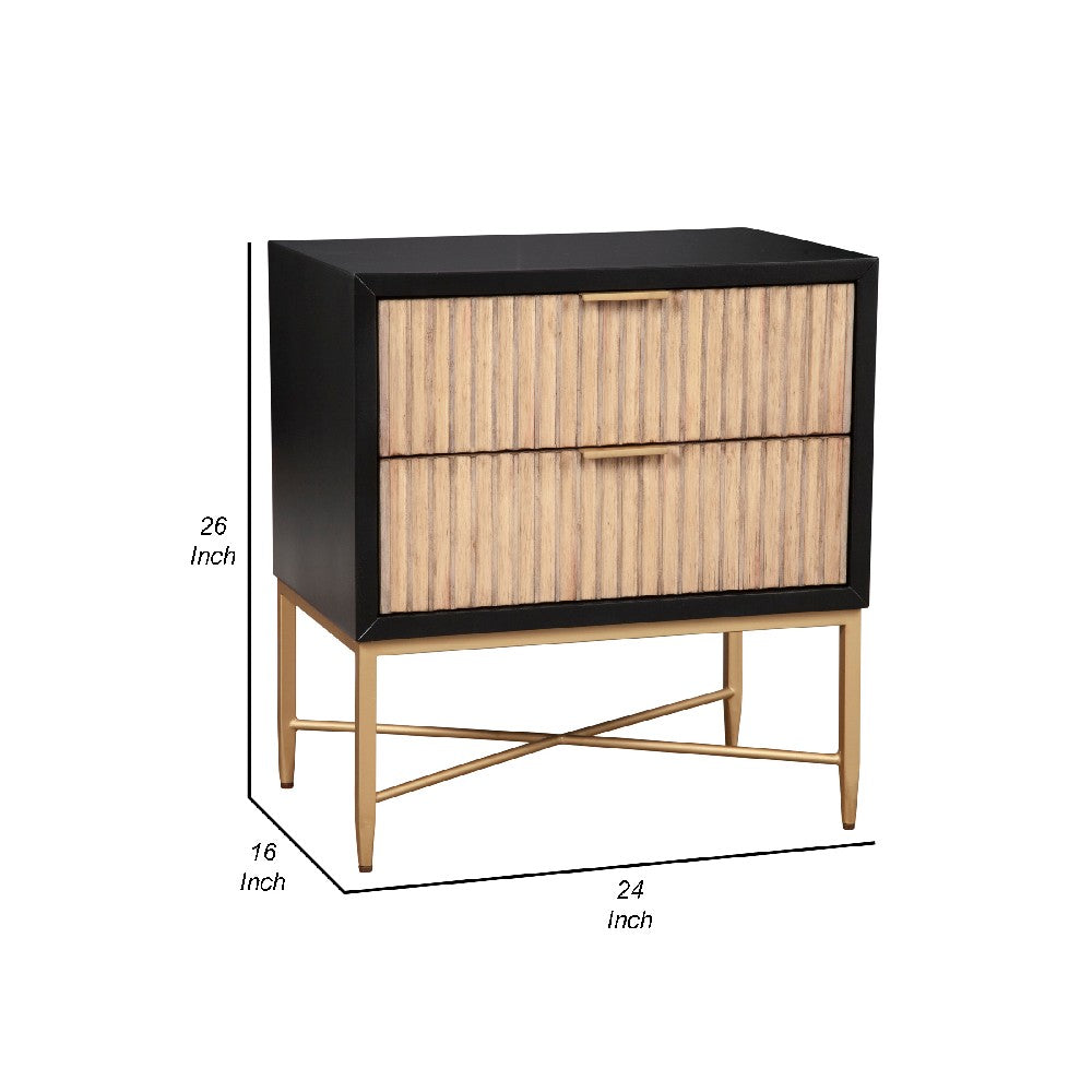 Benjara Nightstand with 2 Corrugated Drawers And Metal Base, Black