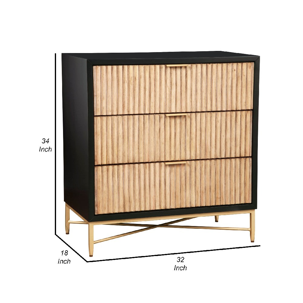 Benjara Accent Chest with 3 Corrugated Drawers And Metal Base, Black