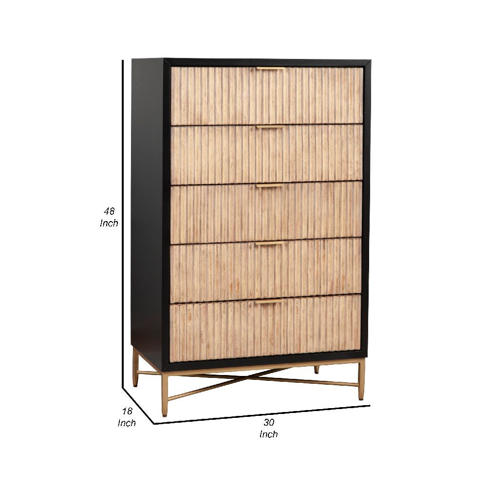 Benjara Chest with 5 Corrugated Drawers And Metal Base, Black