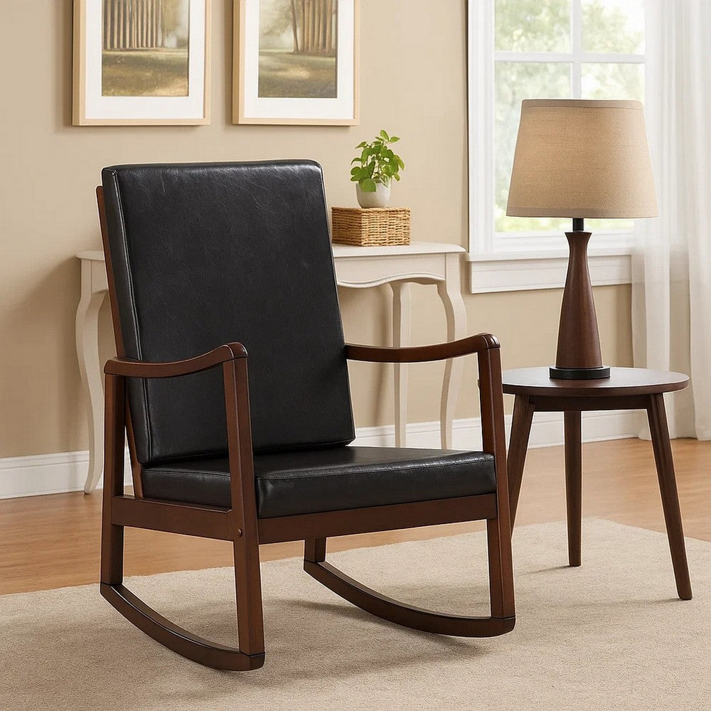 Benjara Rocking Chair with Leatherette Seating And Wooden Frame, Black