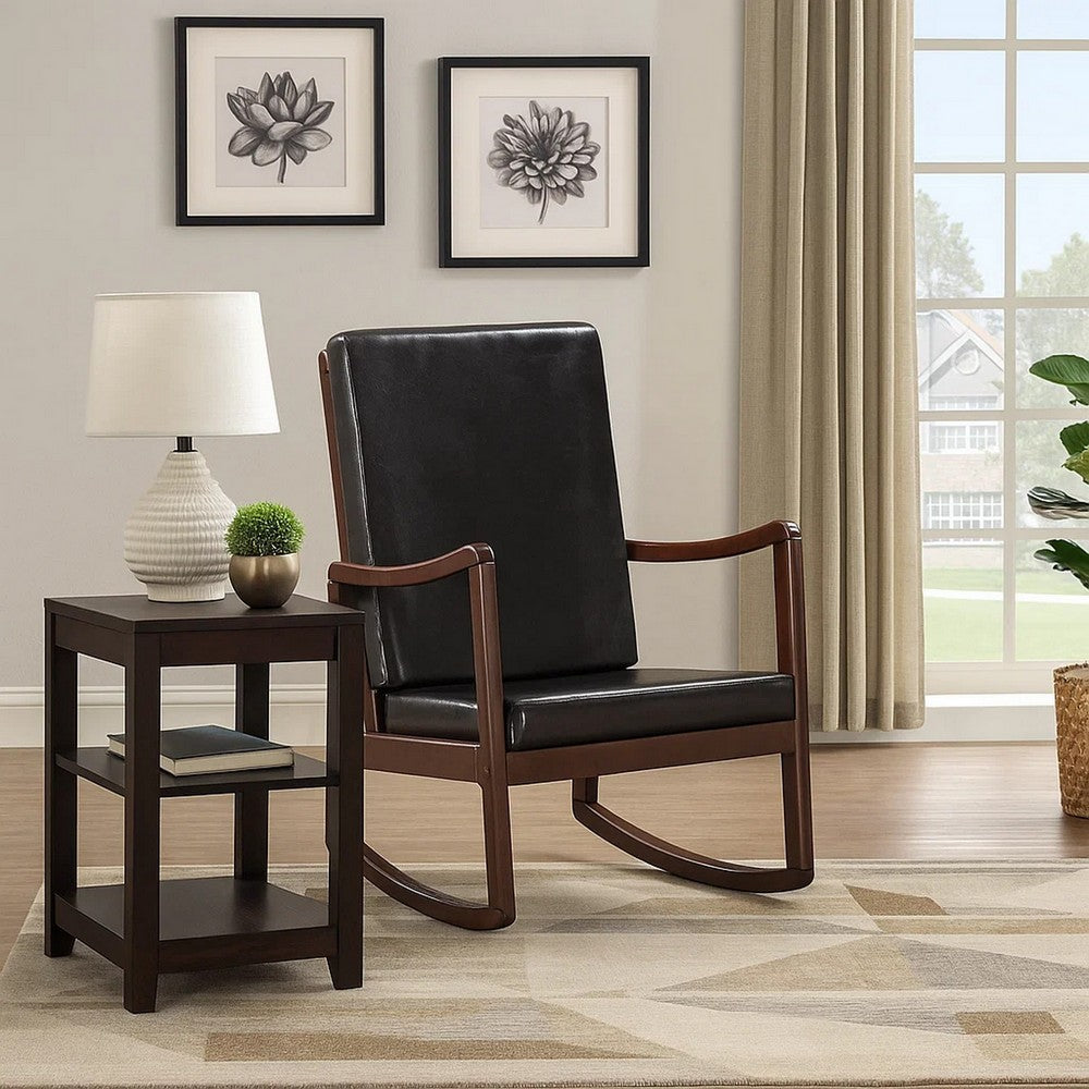 Benjara Rocking Chair with Leatherette Seating And Wooden Frame, Black